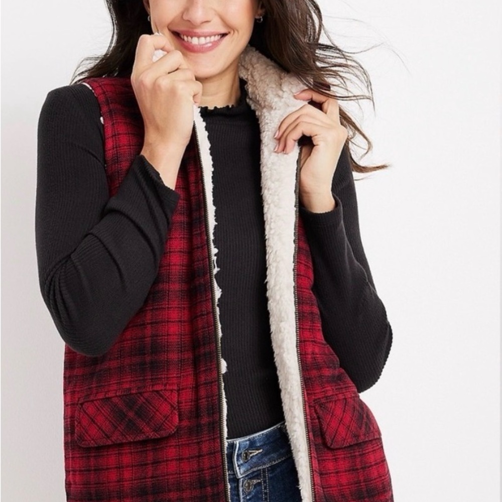 Maurices Red Plaid Sherpa Vest